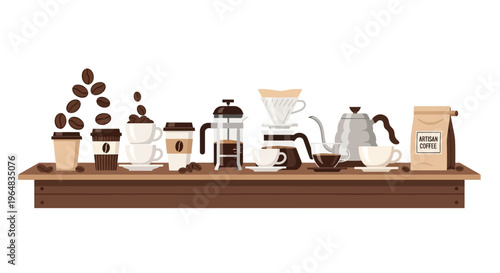 Coffee maker and coffee accessories on wooden shelf. Vector Illustrations. EPS Editable
