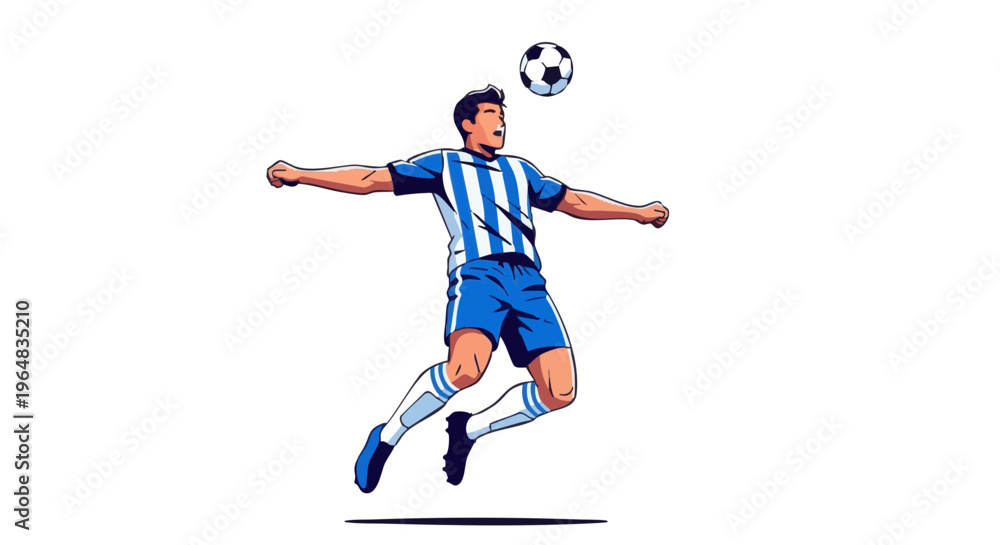 Fototapeta premium Soccer player in a blue and white uniform jumping to head a ball. Vector illustration on a white background