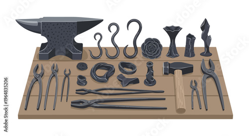 Comprehensive collection of traditional blacksmithing tools and handcrafted forged metal items. Vector Illustrations. EPS Editable