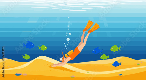 Scuba diver exploring sandy ocean bottom with colorful fish