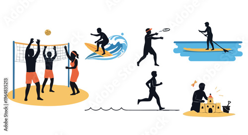 Set of beach sports and summer vacation activities. Vector icons of people silhouettes surfing, playing volleyball, running, and paddleboarding