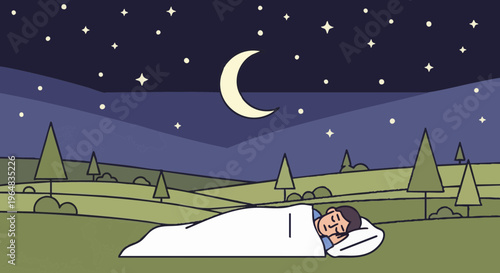 Man sleeping peacefully outdoors on a green hill under a starry night sky with a crescent moon. Vector illustration
