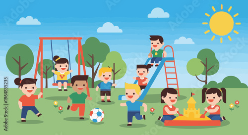 Happy diverse children playing together at a playground on a sunny day