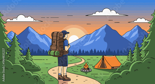 Man with backpack camping in mountains watches sunrise