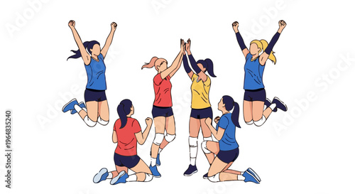 Female volleyball team celebrating victory with high fives and jumping