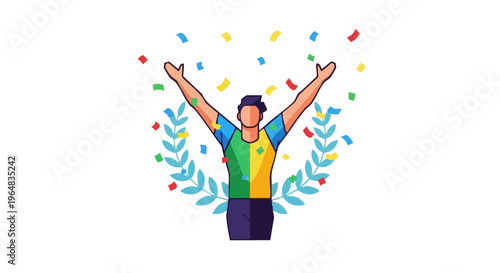 Athlete celebrating victory with confetti and laurel wreath. Vector icon of a happy winner with arms raised in triumph