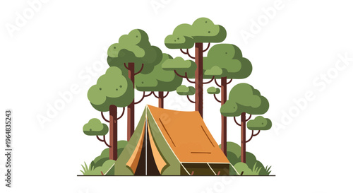 Camping tent in a green forest. Outdoor adventure and recreation vector illustration