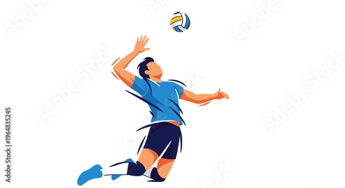 Male volleyball player in mid air spiking the ball. Dynamic vector illustration of a sportsman in action