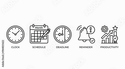Time Management and Productivity Icons Clock, Schedule, Deadline, Reminder, and Growth