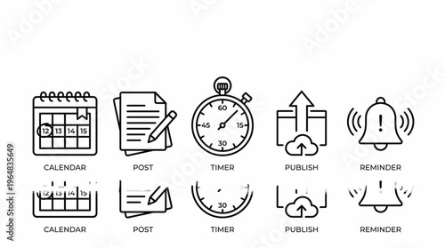 Set of icons for planning, time management, and online content publishing activities