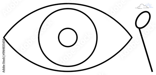 Vision care, eye health, precision diagnosis, ophthalmology, medical services, healthcare. Large outlined eye and ophthalmology tool. Eye health and precision diagnosis concept