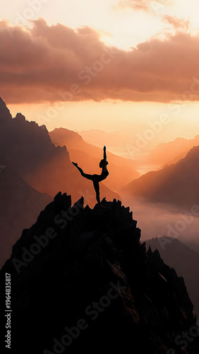 Graceful Woman's Silhouette in Dance Pose on Mountain Peak at Sunset, Overlooking a Serene Valley and Layered Mountain Range