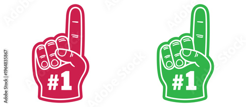 Number one foam fingers in blue and yellow, isolated vector illustration, sports fan cheering hand accessory, stadium support, team spirit symbol, fan enthusiasm, game day celebration concept.