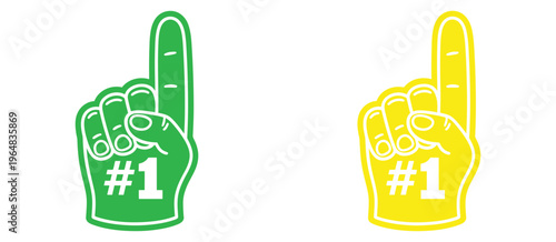 Number one foam fingers in blue and yellow, isolated vector illustration, sports fan cheering hand accessory, stadium support, team spirit symbol, fan enthusiasm, game day celebration concept.