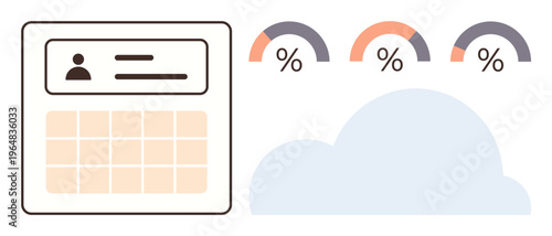 Data analysis, cloud computing, user statistics, business metrics, performance tracking, technology interfaces. A profile, data charts and a cloud icon. Data analysis and cloud computing concept