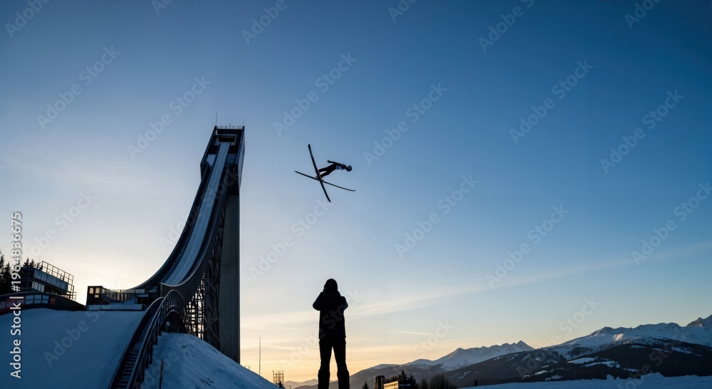 Obraz premium Professional male ski jumper performing a jump from a high ramp during sunset training
