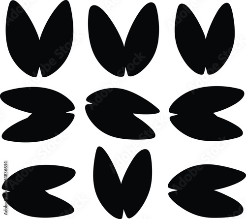 Mussel shell silhouette set. Marine mollusk vector collection with open and closed shell shapes. Black coastal elements for seafood design, ocean themes and nature illustration.