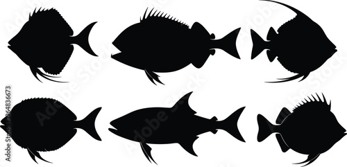 Hatchetfish silhouette collection. Deep sea fish vector set with bold shapes and fin variations. Black marine life illustrations for ocean wildlife and underwater design.