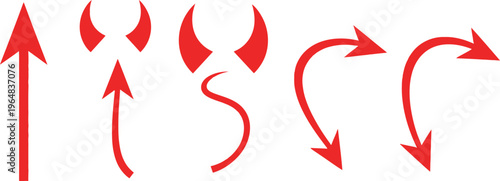 Collection of red arrows and devil tails on white background