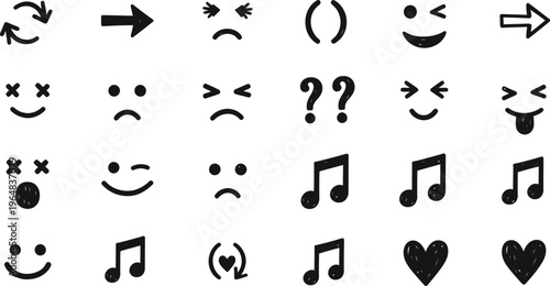 A collection of various emoticon faces and musical notes
