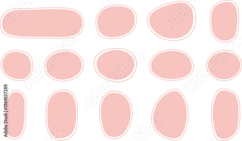 A collection of 16 irregular pink shapes on a white background