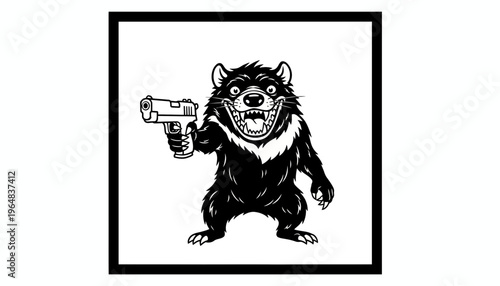Furious Tasmanian Devil Holding a Gun, Aggressive Cartoon Character with Weapon