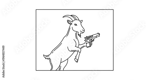 Goat Holding Gun, Cartoon Style