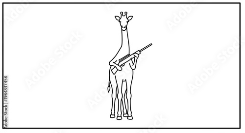 Giraffe Holding Rifle, Surreal Animal Illustration, Black and White Line Art