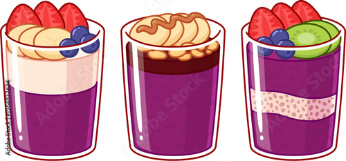 Acai bowl set in transparent plastic cups, traditional Brazilian street food. With granola, chia, yogurt and fruits. Cute cartoon vector illustration.