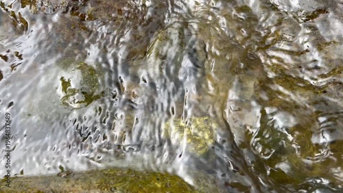 Crystal Clear Stream Water Flowing Gently Over Mossy Rocks in Nature