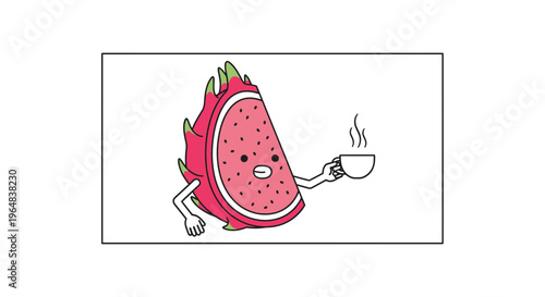 Funny Dragon Fruit Character Holding Hot Coffee Cup with Steam, Cute Cartoon Food