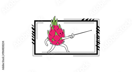 Funny Dragon Fruit Character Fencing with Sword in Frame