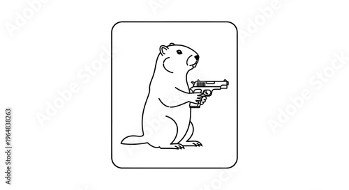 Funny Groundhog Holding a Pistol Gun, Cartoon Style