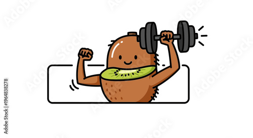Funny kiwi fruit character lifting dumbbell, flexing arm, healthy lifestyle, fitness, cartoon style