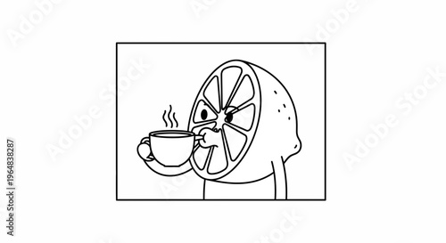 Funny Lemon Character Drinking Hot Coffee, Cartoon Style