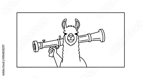 Funny Llama Holding Rocket Launcher, Cartoon Style, Meme Character