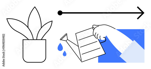 Environment, sustainability, growth, gardening, progress, nurturing. Minimalistic design of watering can, plant and arrow. Environment and sustainability by care and growth