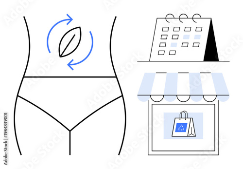 Sustainability, body care, eco-friendly lifestyle, conscious shopping, recycling, environmental awareness. Minimal line art of a body outline, calendar and store with a recycling bag. Sustainability