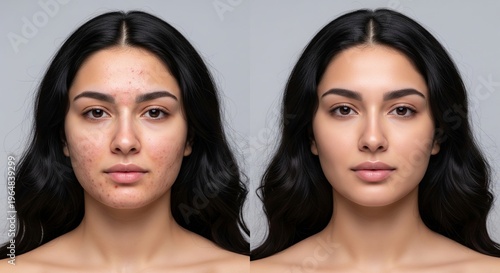 Comparison of a woman's face before and after dermatological treatment, showcasing clear skin and a smooth complexion