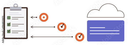 Project planning, workflow automation, productivity tools, digital task tracking, cloud collaboration, goal setting. Checklist and progress symbols leading to a cloud. Workflow automation