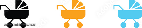 baby stroller icons in black, orange and blue