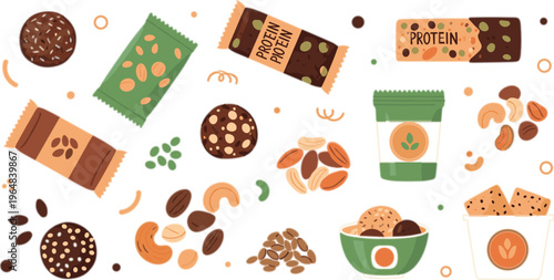 Protein snack food vector set with bars, cookies, nuts, seeds and healthy treats, fitness nutrition illustration in modern flat design style