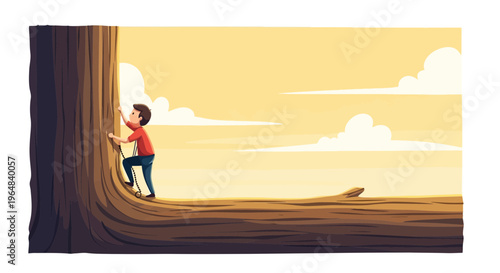 Determined young boy navigating an upward climb, showing resilience against nature's challenge at