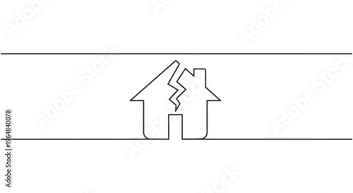 Minimalist line art illustration of a fractured home symbolizing family separation and property