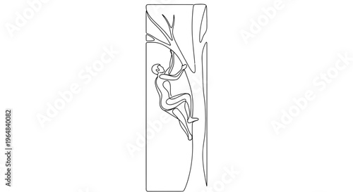 Dynamic continuous line art depicting an adventurous individual skillfully ascending a towering