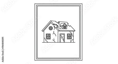 Minimalist Line Art Illustration Depicting a Severely Dilapidated House with Evident Structural