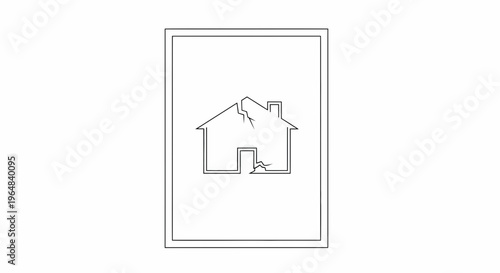 Monochromatic outline illustrating a structurally compromised dwelling, emphasizing home fragility