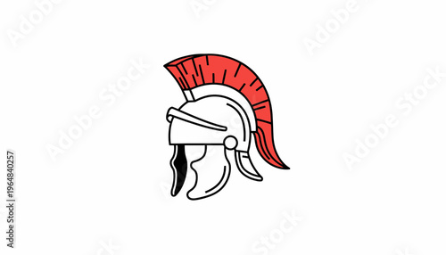 Ancient Roman Warrior Helmet Icon, Red Plume, White Background, Vector Illustration