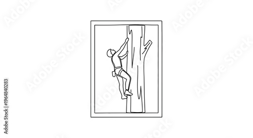 Arborist climbing tall tree with safety gear, outdoor activity, nature, healthy lifestyle