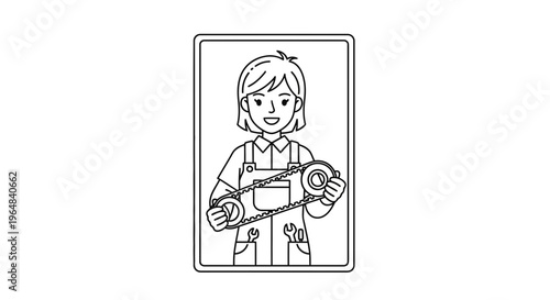 Female mechanic holding timing belt, illustration of skilled woman in overalls with tools
